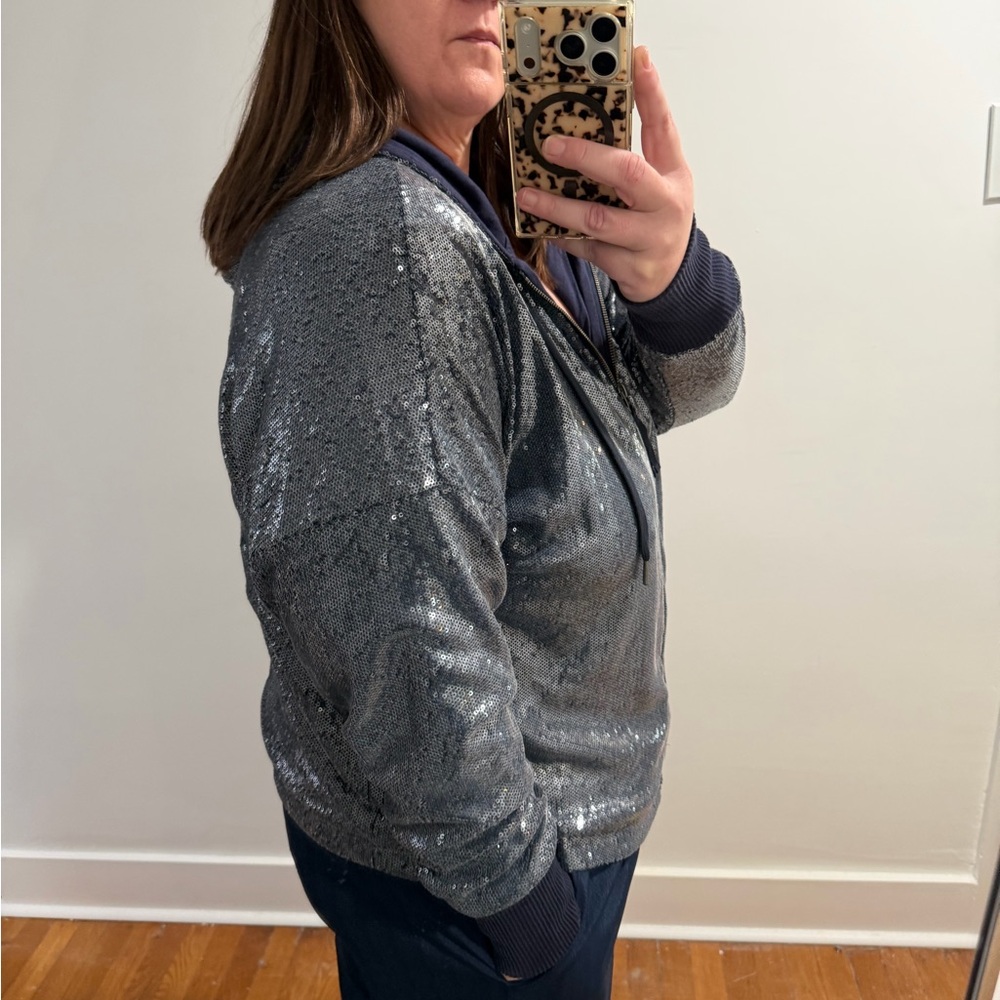 Anthropologie sequin sweatshirt hooded blue sipper front relaxed in XL - Picture 2 of 7